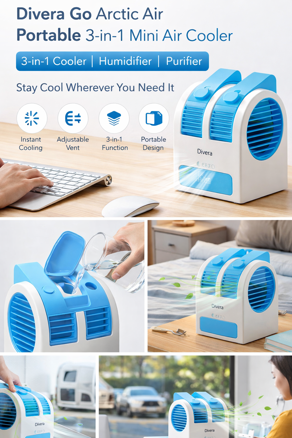 Divera Go Arctic Air Portable 3-in-1 Mini Air Cooler (Conditioner, Humidifier & Purifier)